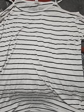 White & Black Striped Women's Shirt - Casual, Cold Shoulder.